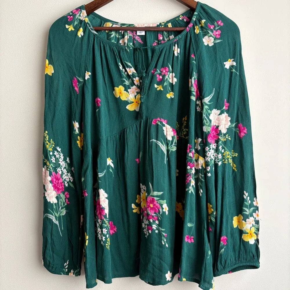 Old Navy Floral Peasant Blouse Women’s Medium Green Boho Long Sleeve Flowy Top - Picture 1 of 5
